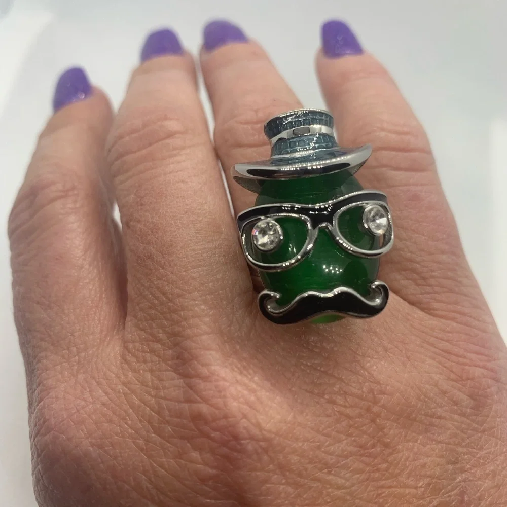 Simulated Green Cats Eye, Austrian Crystal Ring